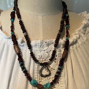 Turquoise and Brown Beaded Layered Necklace - Brand Unspecified